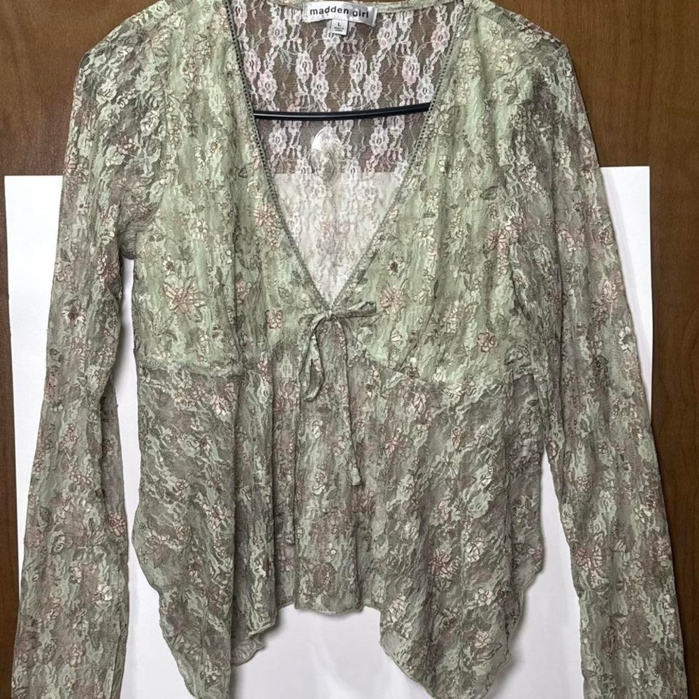 Madden Girl Green Lace Long Sleeve Top with Tie Front